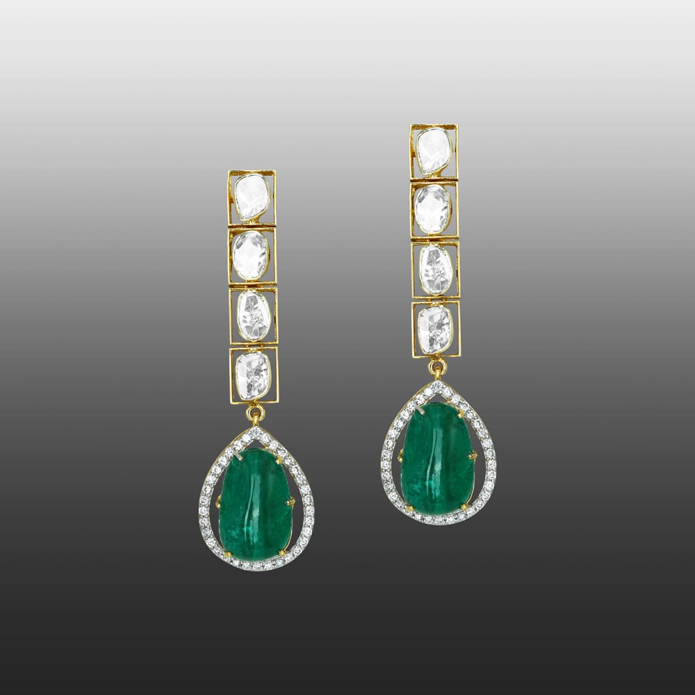 Vertical Polki Earrings with Emerald Drop Highlight